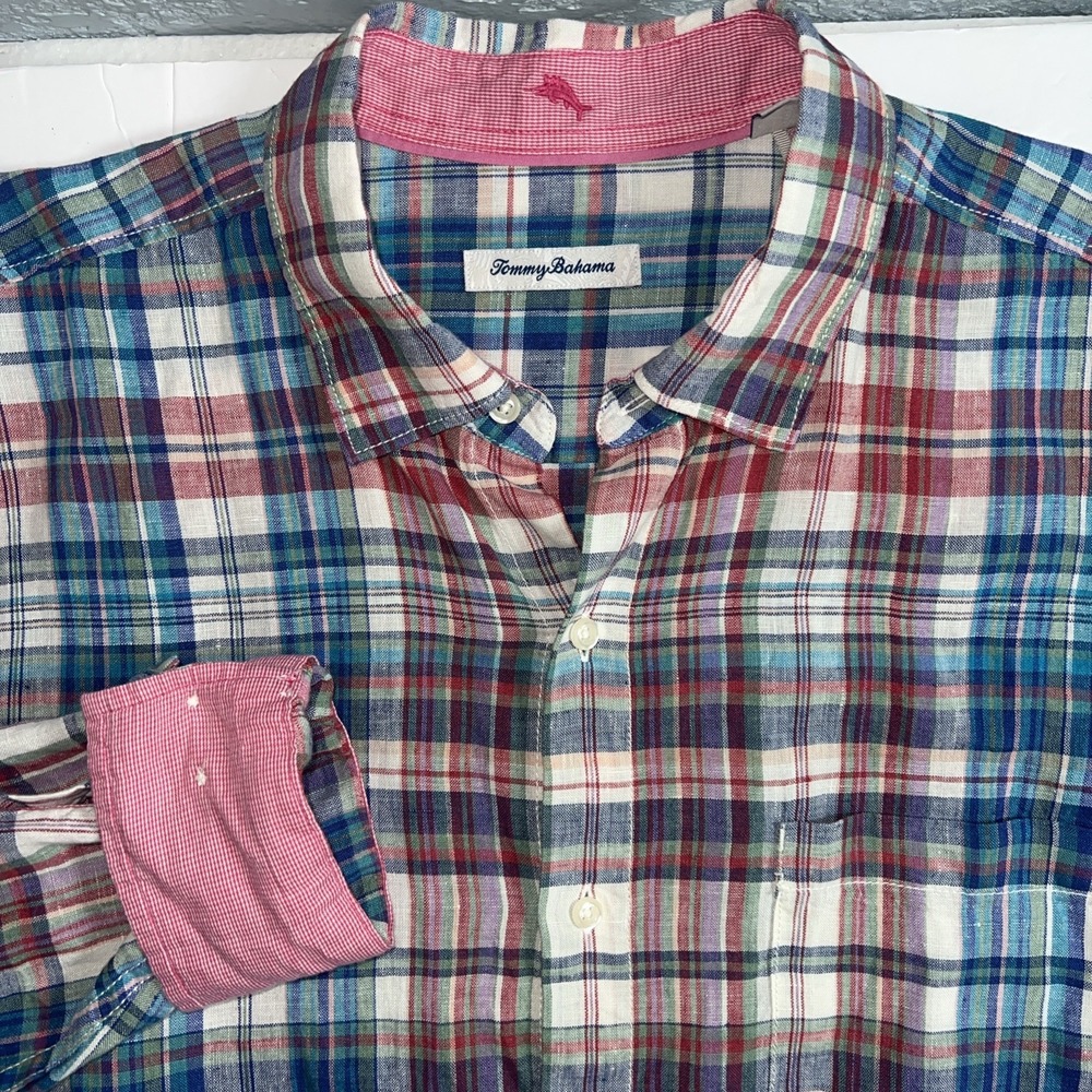 Tommy Bahama Men's‎ Madras 100% Linen Plaid Multicolor Shirt Size XL